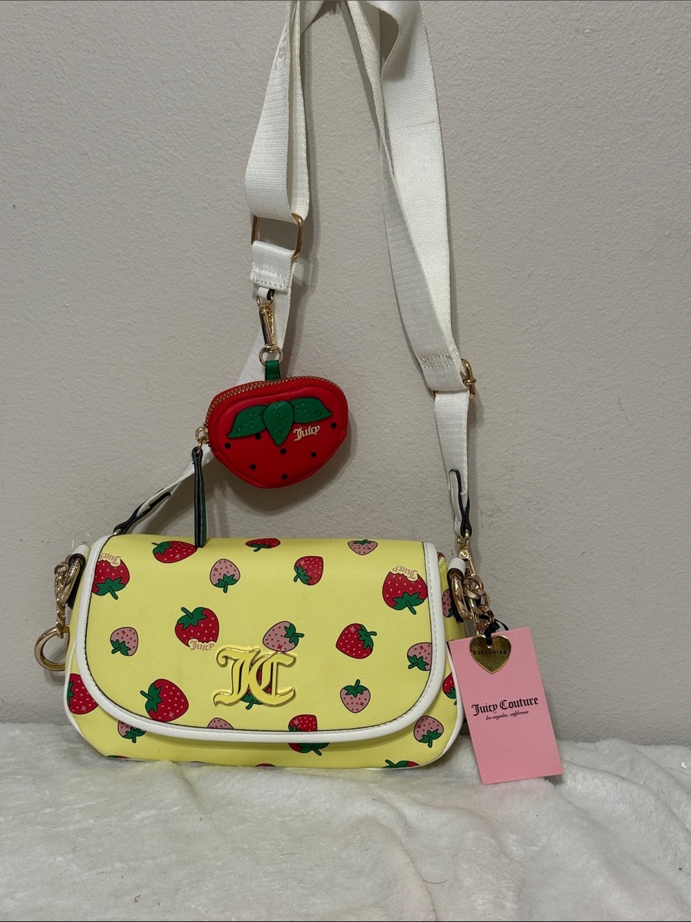 Juicy Couture Yellow Strawberry Print guitar strap Crossbody with White Strap